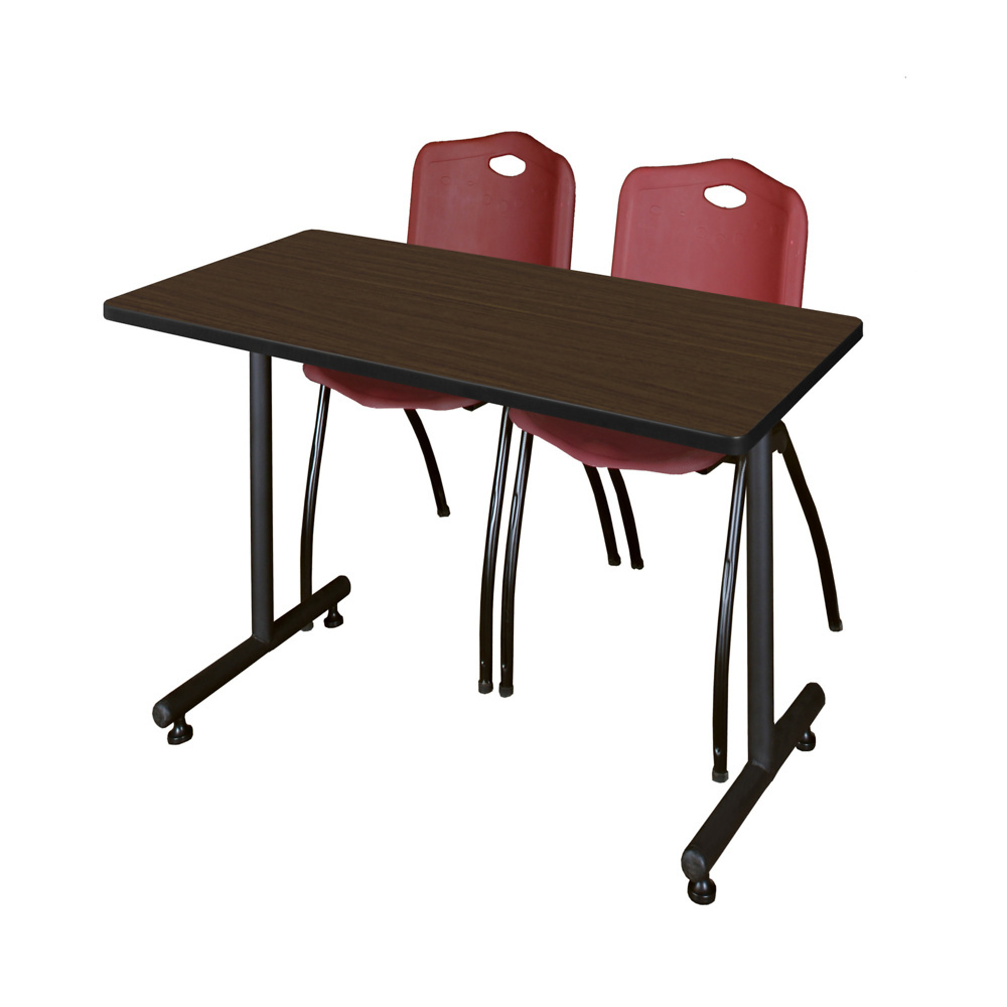 Regency Kobe Training Seminar Table Set — 48in. x 30in., Neo Walnut, T-Base, Includes 2 Burgundy Stack Chairs, Model# MKTRCT4830NW47BY